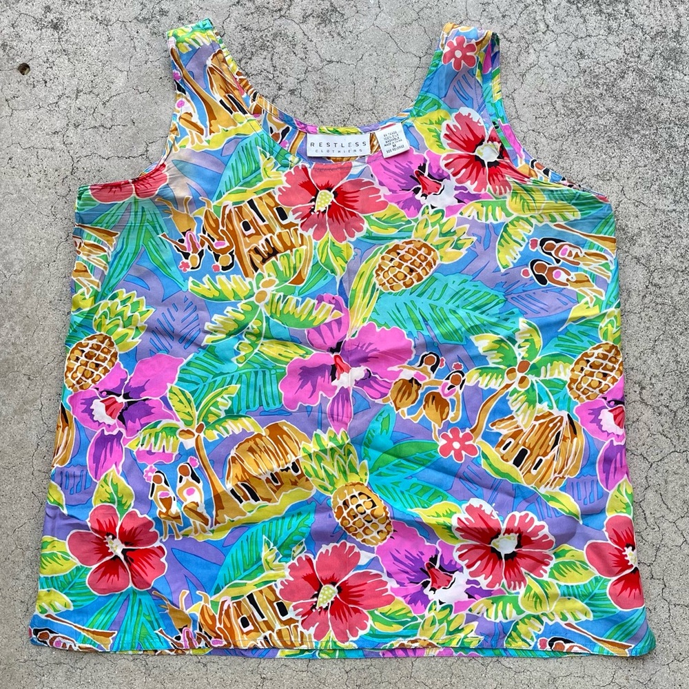 Vintage Restless Clothiers 100% Silk Hawaiian top Sz medium floral luau tropical